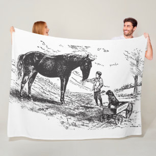 Vintage Jongens Paard Hond Gravure Kunst Fleece Deken