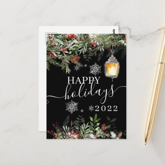 Vintage Joyeuses Vacances Forêt d'hiver Carte noir (Devant/Arrière en situation)