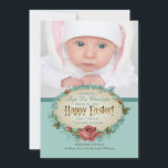 Vintage Joyeux Faire-part de naissance photo de Pâ<br><div class="desc">Introduisez votre nouveau "bébé lapin" sur ce carte photo vintage. L'arrière - plan turquoise est orné d'une oblongue décoration florale avec les mots "Happy Eater" préimprimés. La carte est facile à customiser avec votre libellé, police, couleur de police et choix de six types de papier. Pas exactement ce que vous...</div>