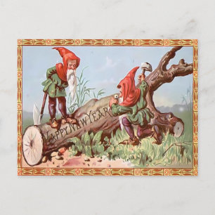 Vintage kabouter-dwergen snijden "Gelukkig Nieuwja Briefkaart