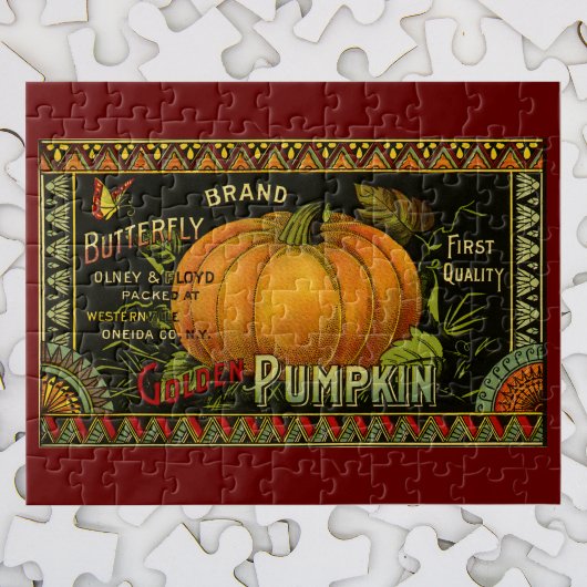 Vintage kan kunst labelen, vlinderpompoen legpuzzel