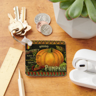 Vintage kan kunst labelen, vlinderpompoen sleutelhanger