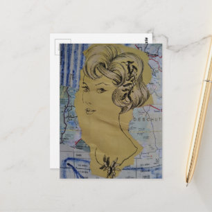 Vintage Kapsels Vrouw en een Kaart Mixed Media