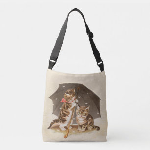 Vintage katjes onder paraplu antieke kat kunst crossbody tas