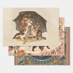 Vintage katjes onder paraplu antieke kat kunst inpakpapier vel