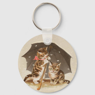 Vintage katjes onder paraplu antieke kat kunst sleutelhanger