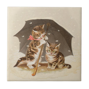 Vintage katjes onder paraplu antieke kat kunst tegeltje