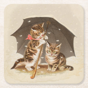 Vintage katjes onder paraplu antieke kat kunst vierkante kartonnen onderzetter