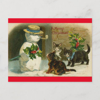 Vintage katten sneeuwpop gelukkig kerstfeest brief feestdagenkaart