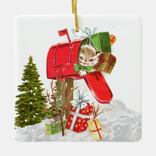 Vintage keramisch Ornament met Retro-kerstkat (Voorkant)