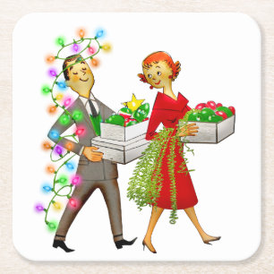 Vintage kerst 1950's paar vierkante kartonnen onderzetter