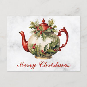 Vintage Kerst Bloemen Antiek Theepot Thee Briefkaart