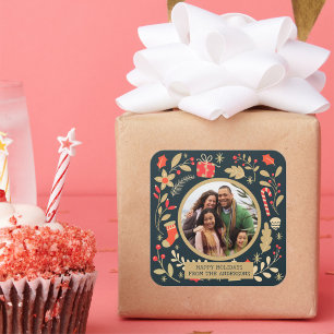 Vintage kerst botanische familie foto vierkante sticker