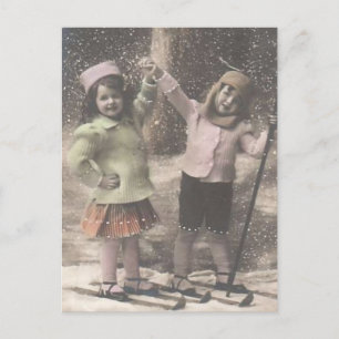 Vintage Kerst briefkaart-kinderen op ski's Feestdagenkaart