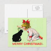 VINTAGE KERST BRIEFKAART, MEISJE W CAT FEESTDAGENKAART (Voorkant / Achterkant)