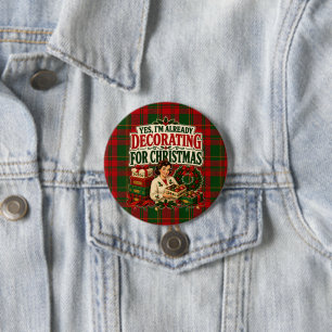 Vintage Kerst Decoratie Holiday Plaid Ronde Button 7,6 Cm