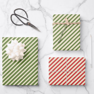 Vintage Kerst Diagonale Strepen Olijfgroen Rood Inpakpapier Vel