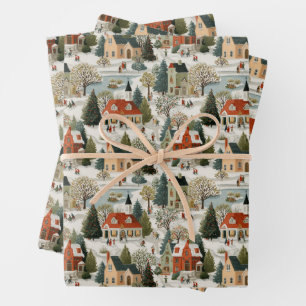 Vintage Kerst dorp inpakpapier Vel