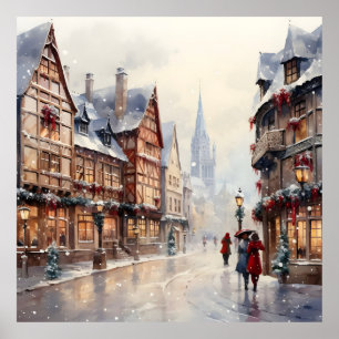 Vintage Kerst Dorp Straat Vakantie Poster