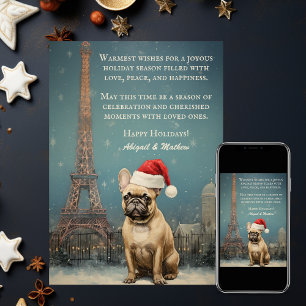 Vintage Kerst Eiffeltoren Franse Bulldog Feestdagenkaart