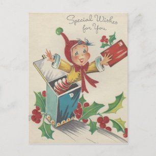Vintage kerst elf in een doos feestdagenkaart