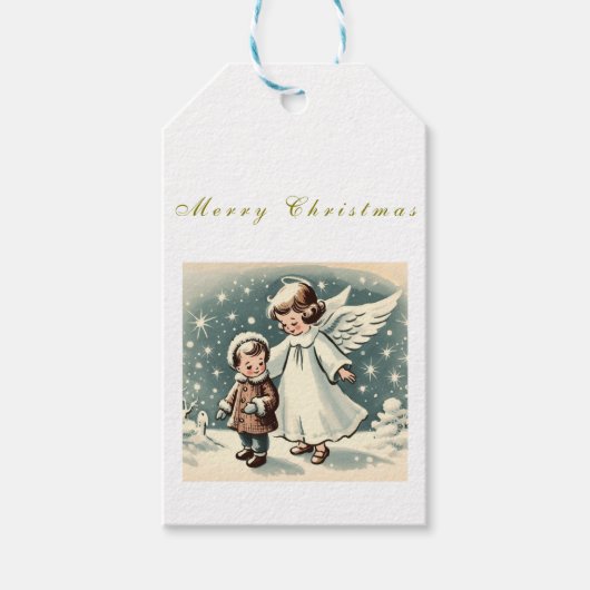 Vintage kerst engel en kind cadeaulabel (Voorkant)