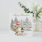 Vintage kerst engel en konijn kaart (Staand voorkant)