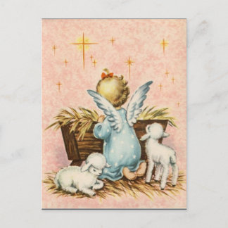 Vintage kerst engel en lammeren feestdagenkaart