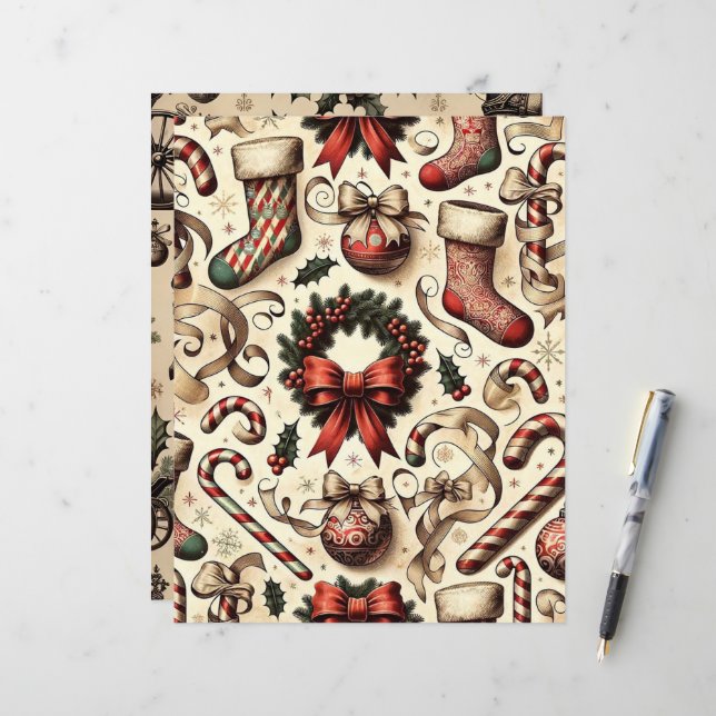 Vintage Kerst Ephemera Scrapbook Papier (Voorkant / Achterkant in situ)