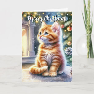 Vintage Kerst Geel Kitten Kaart