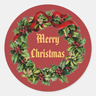 Vintage Kerst Holly krans met rood lint V14 Ronde Sticker