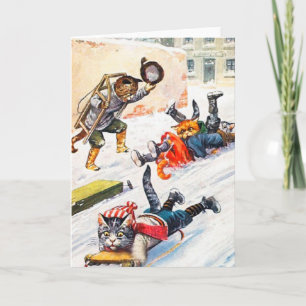 Vintage kerst Kaart, Katten Sleigh Ride Feestdagen Kaart