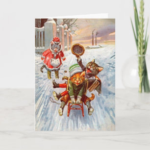 Vintage kerst Kaart, Katten Sleigh Ride Feestdagen Kaart