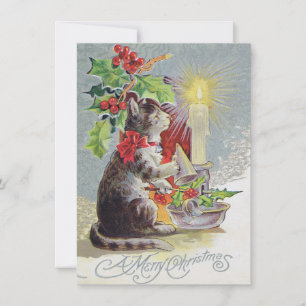 Vintage kerst Kaart met een Cat en Holly