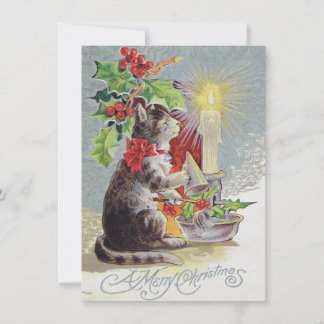 Vintage kerst Kaart met een Cat en Holly