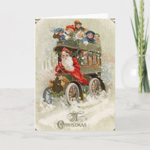 Vintage Kerst Kaart   Santa  auto