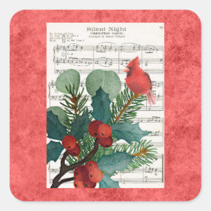 Vintage Kerst Kardinaal Muziek Red Vierkante Sticker
