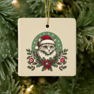 Vintage Kerst Kat Keramisch Ornament