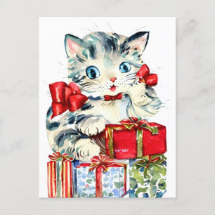 Vintage Kerst Kat met Cadeaus Feestdagenkaart