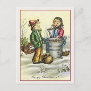 Vintage Kerst kinderen kastanjes Feestdagenkaart