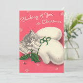 Vintage Kerst Kitten Mittens Feestdagenkaart (Staand voorkant)