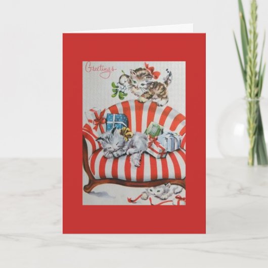 Vintage - Kerst Kittens & Cadeaus, Feestdagen Kaart (Voorkant)