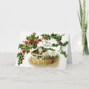 Vintage Kerst Kittens in Basket, Holly Berry Feestdagen Kaart