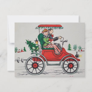 Vintage kerst koppel uit op rijden feestdagenkaart