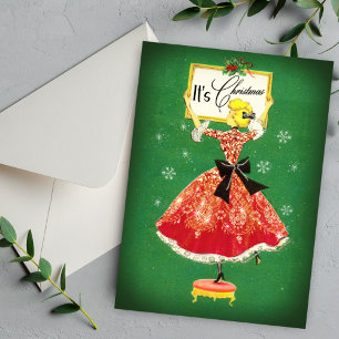 Vintage Kerst lijst groen rood glitter meisje Feestdagenkaart