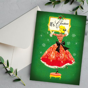 Vintage Kerst lijst groen rood glitter meisje Kaart
