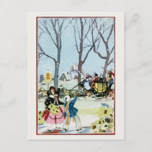 Vintage Kerst meisje vrouw koets Feestdagenkaart