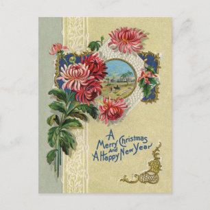 Vintage Kerst/Nieuwjaar Bloemen Bethlehem Scene Feestdagenkaart