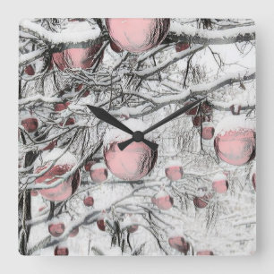 Vintage Kerst Ornamenten sneeuwbomen tekenen Vierkante Klok