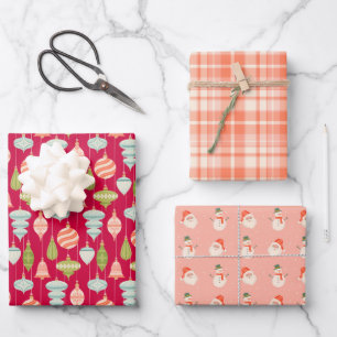 Vintage Kerst Ornamenten, Sneeuwman en Santa Inpakpapier Vel